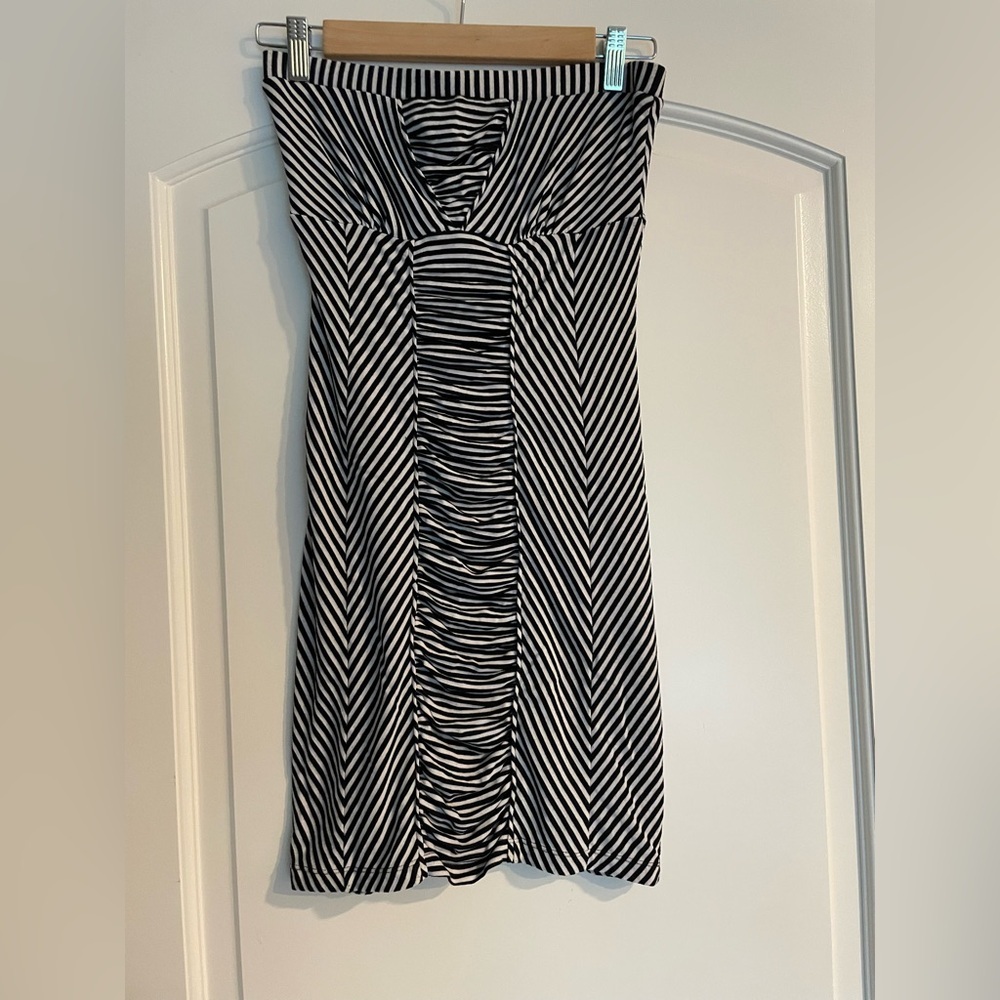 Free People Black and White Striped Tube Dress Ruched Size Small